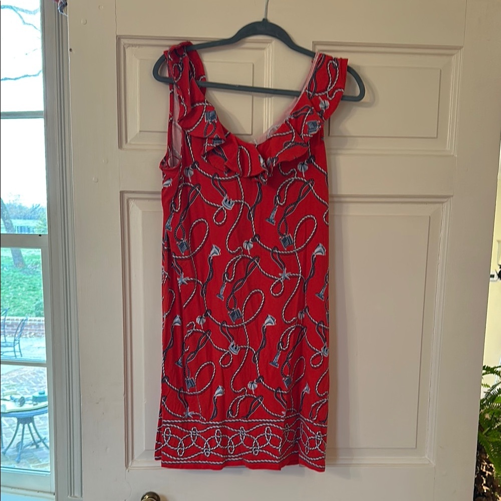 Red Sleeveless Dress with Blue and White Pattern